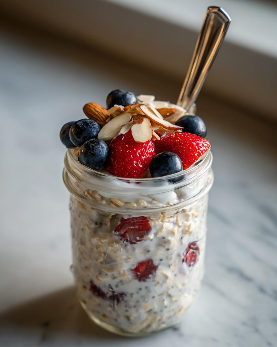 Glass jar filled with overnight oats topped with strawberries, blueberries, almonds, and sliced nuts