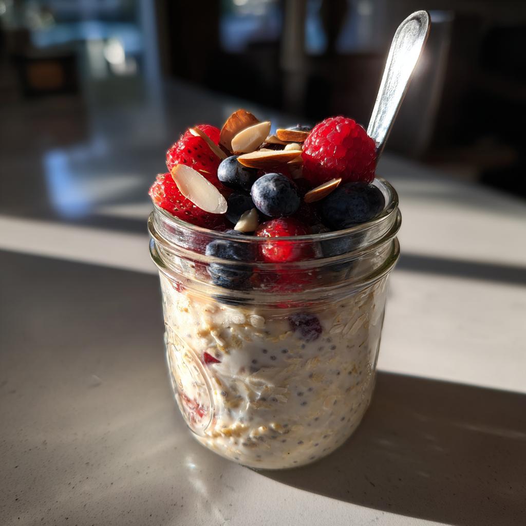 Jar of overnight oats topped with fresh raspberries, blueberries, and sliced almonds.