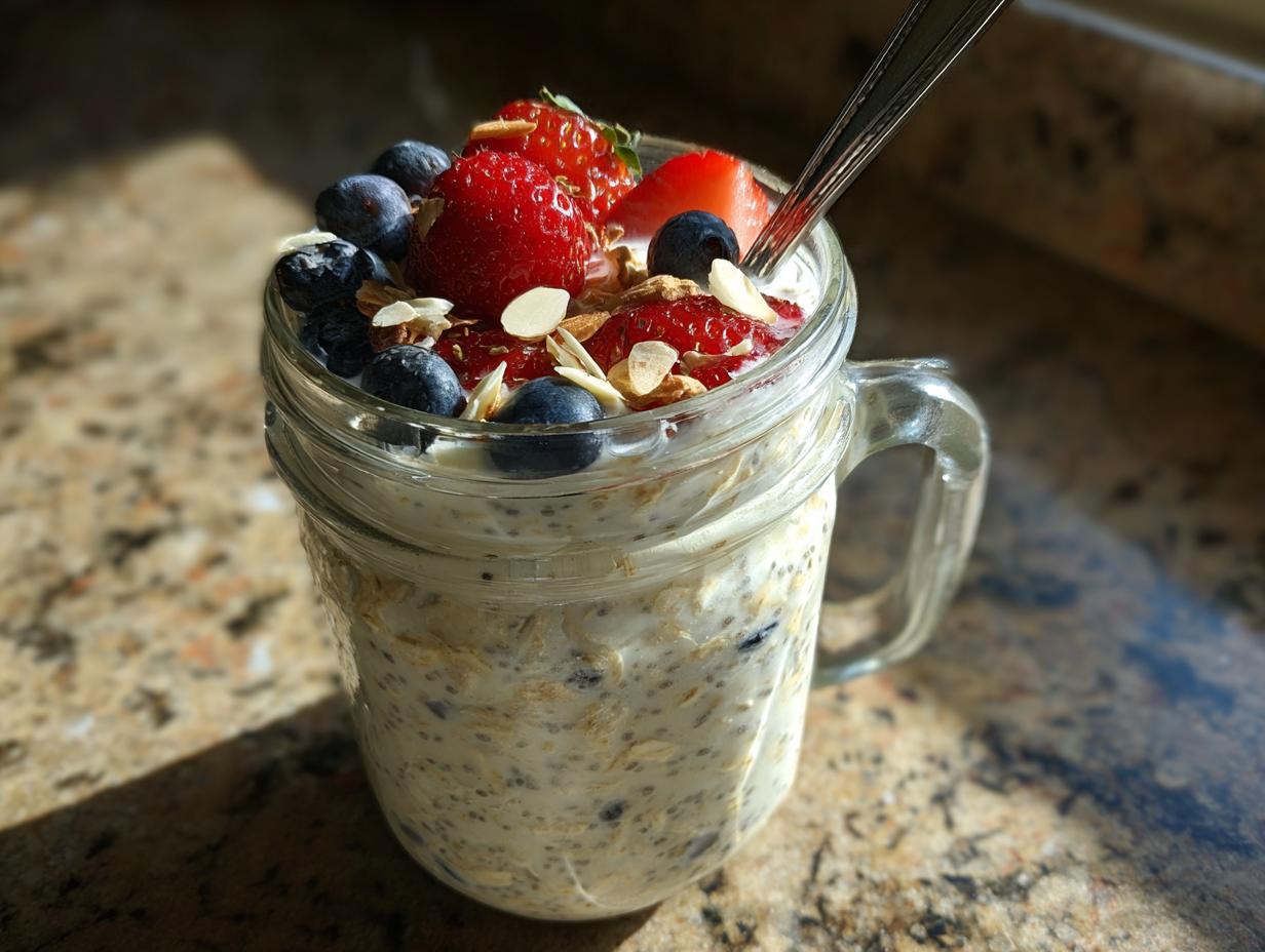 Mason jar filled with creamy overnight oats topped with strawberries, blueberries, and almond slices