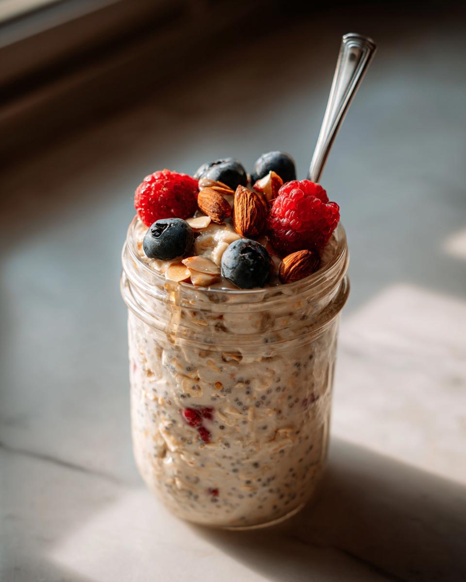 Glass jar filled with creamy overnight oats topped with blueberries, raspberries, and almonds.