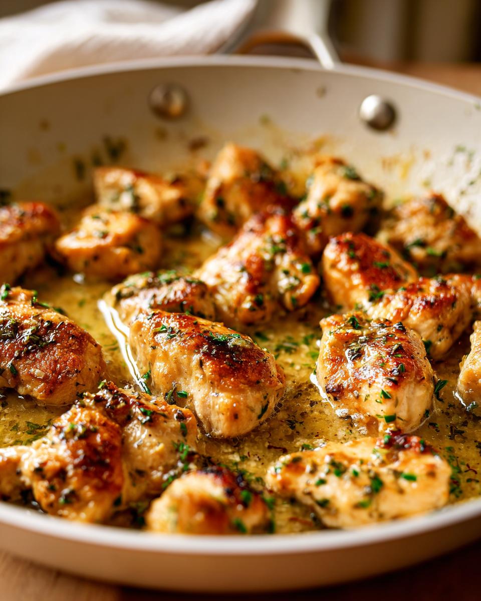 Golden brown pan-seared chicken bites cooking in garlic herb sauce in a skillet.