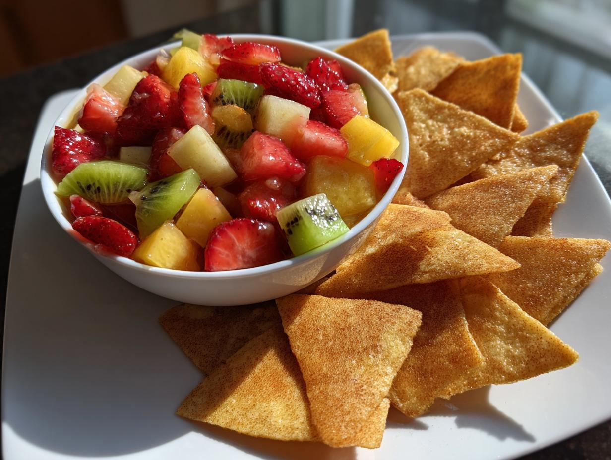 Bowl of colorful party fruit salsa with cinnamon chips on a white plate