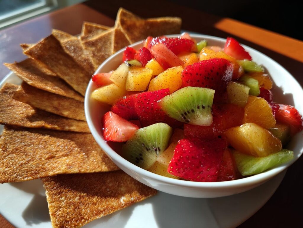 Bowl of colorful party fruit salsa with cinnamon chips arranged on a plate