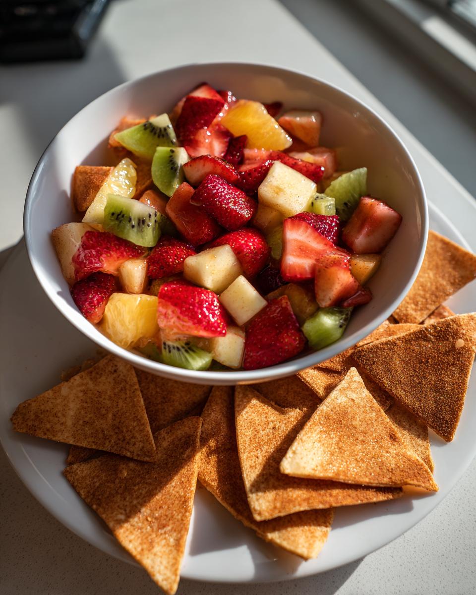 Bowl of colorful party fruit salsa with cinnamon chips arranged on a white plate.