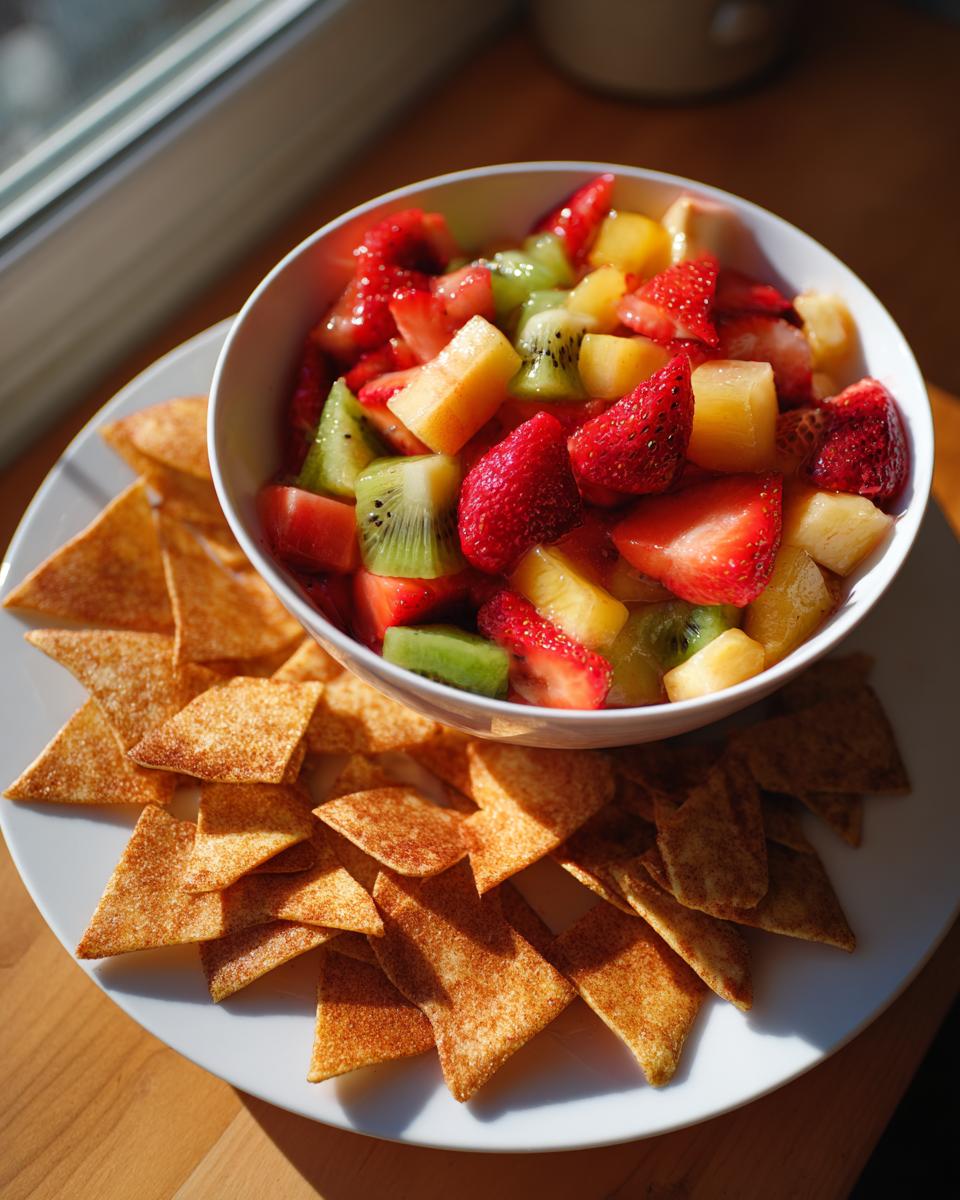 Bowl of colorful party fruit salsa with cinnamon chips arranged on a white plate.