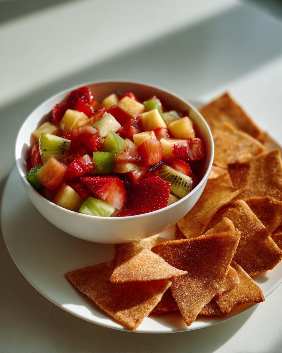 Bowl of colorful party fruit salsa with cinnamon chips on a white plate.