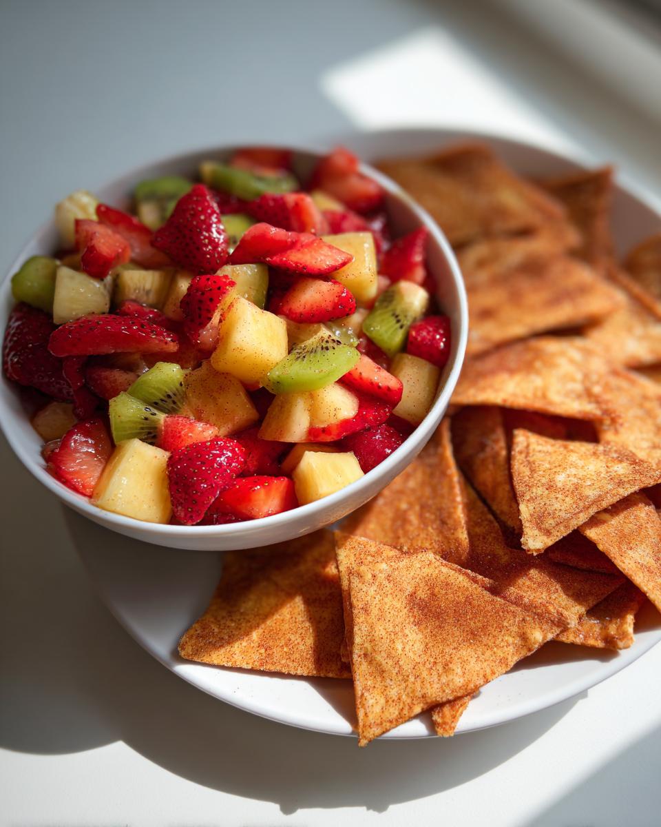 Bowl of colorful party fruit salsa with cinnamon chips on a white plate.