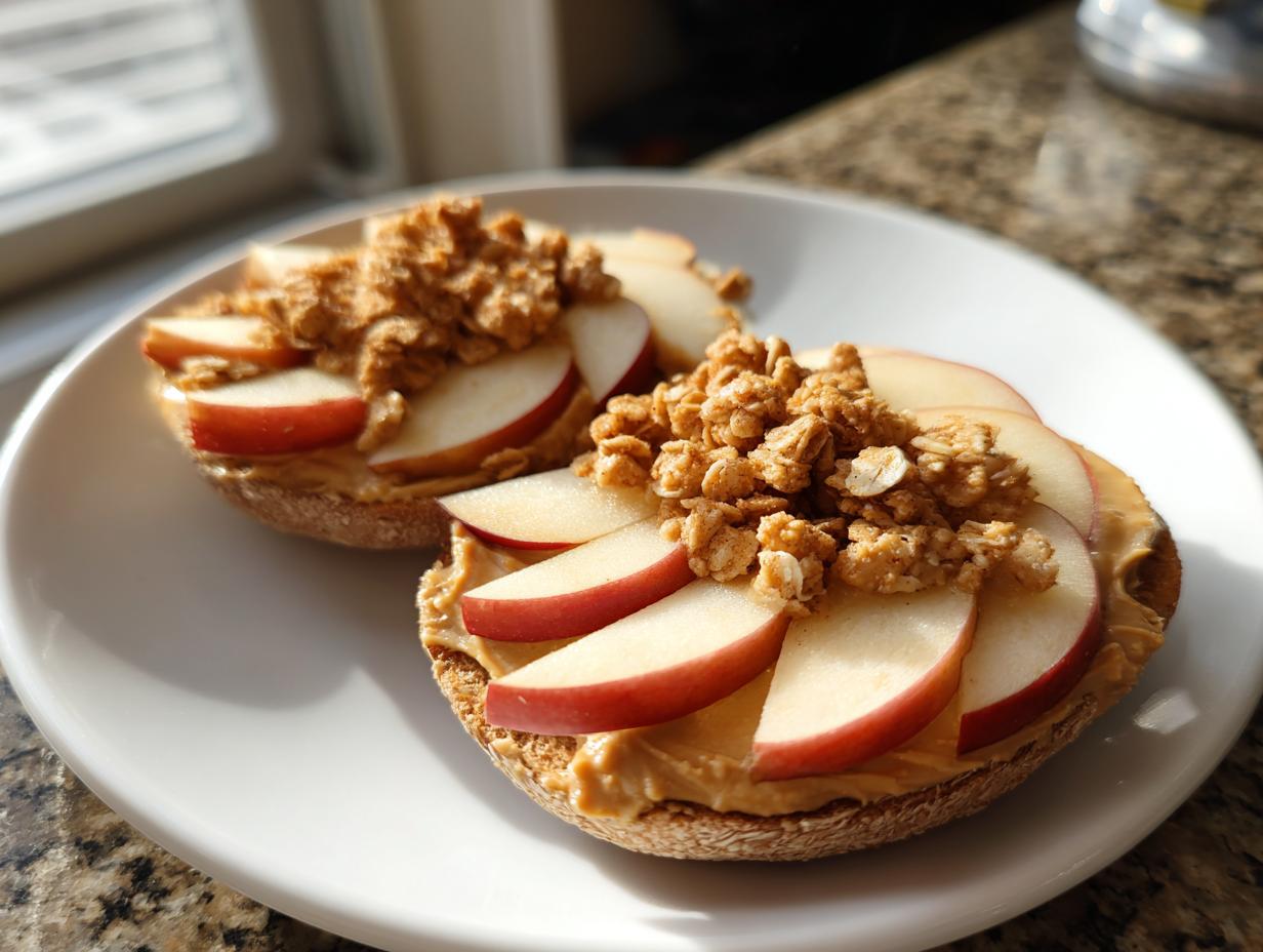 Bagel halves topped with peanut butter, apple slices, and granola on a white plate