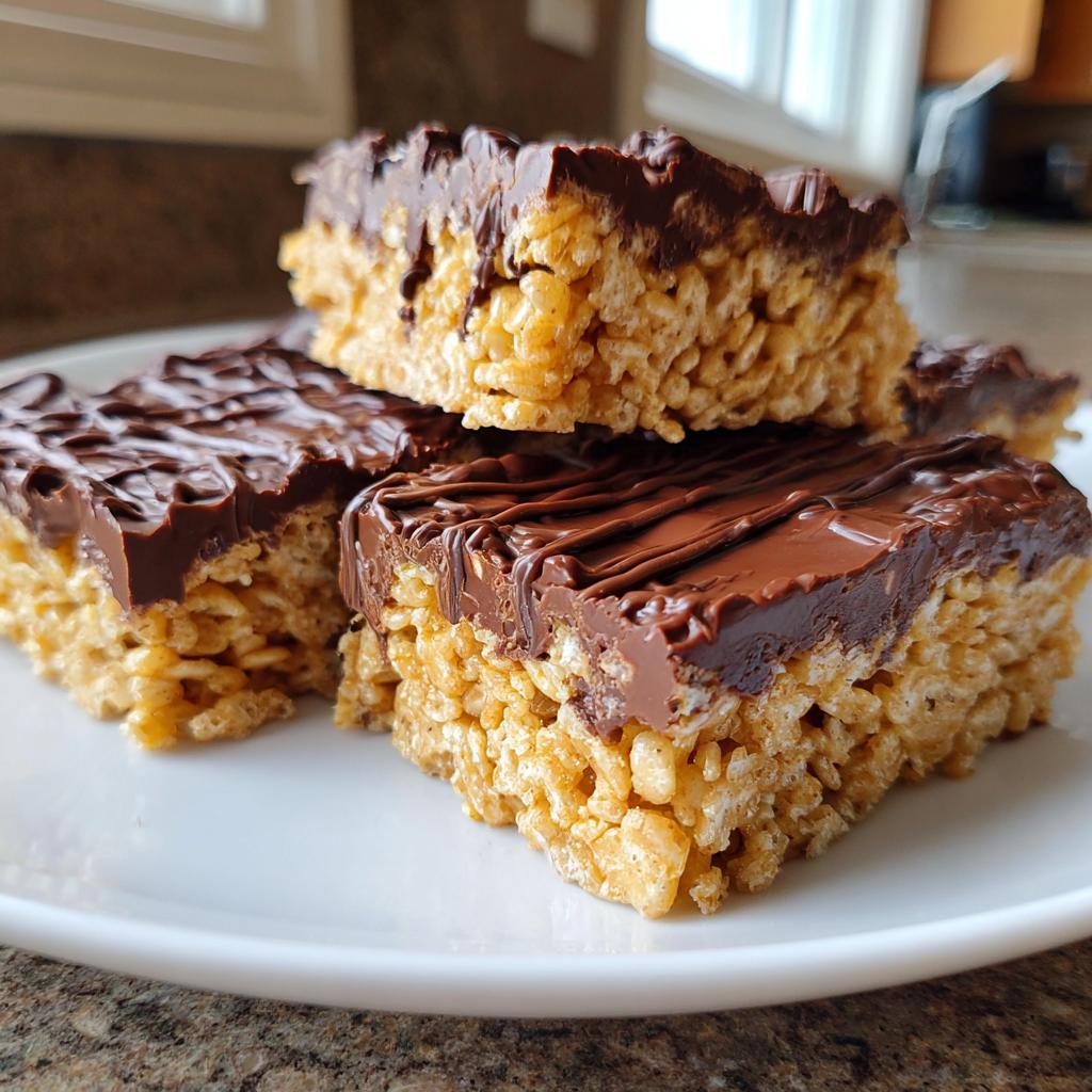 Close-up of peanut butter rice krispie bars topped with melted chocolate on a white plate.