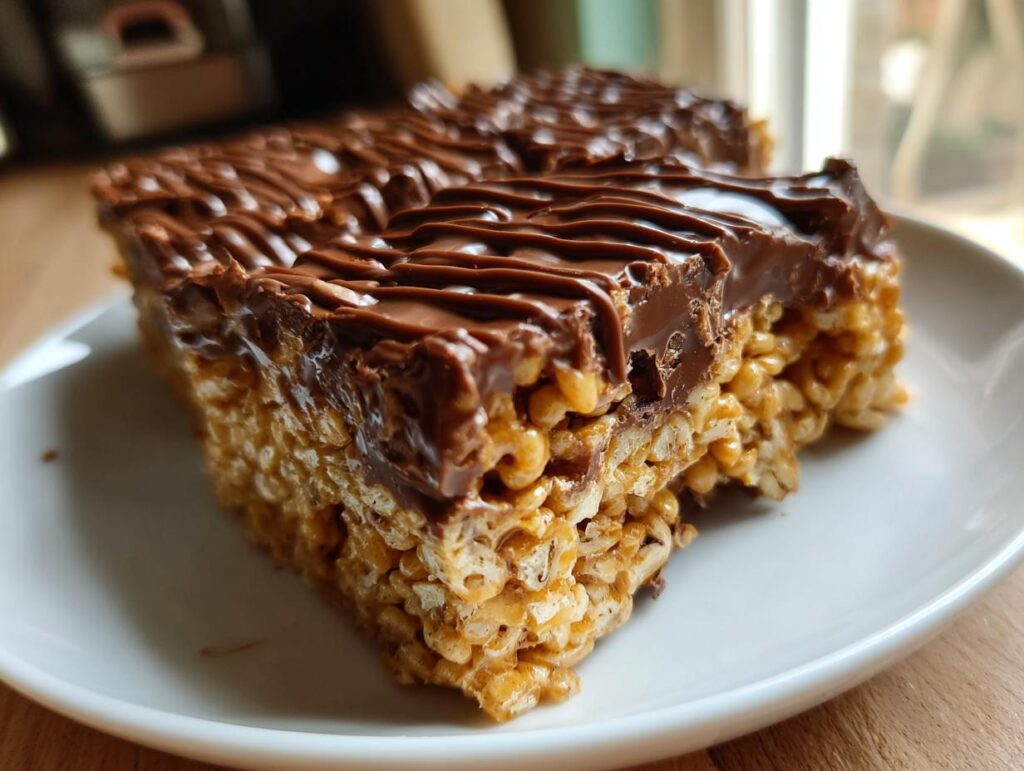 Close-up of peanut butter rice krispie bars topped with chocolate drizzle on a white plate.