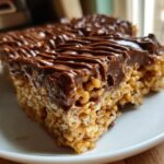 Close-up of peanut butter rice krispie bars topped with chocolate drizzle on a white plate.