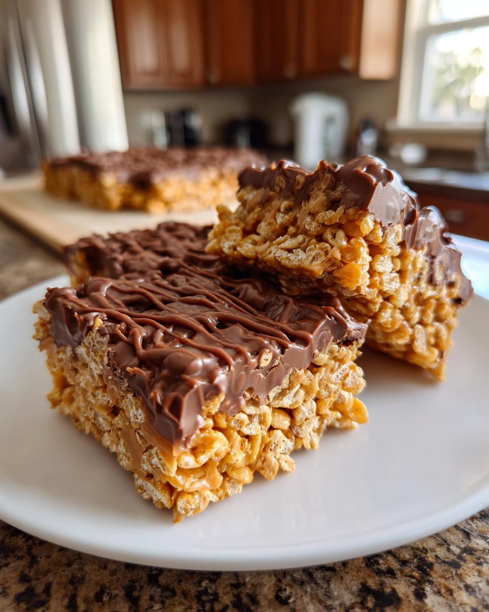Two peanut butter rice krispie bars topped with chocolate drizzle on a white plate.