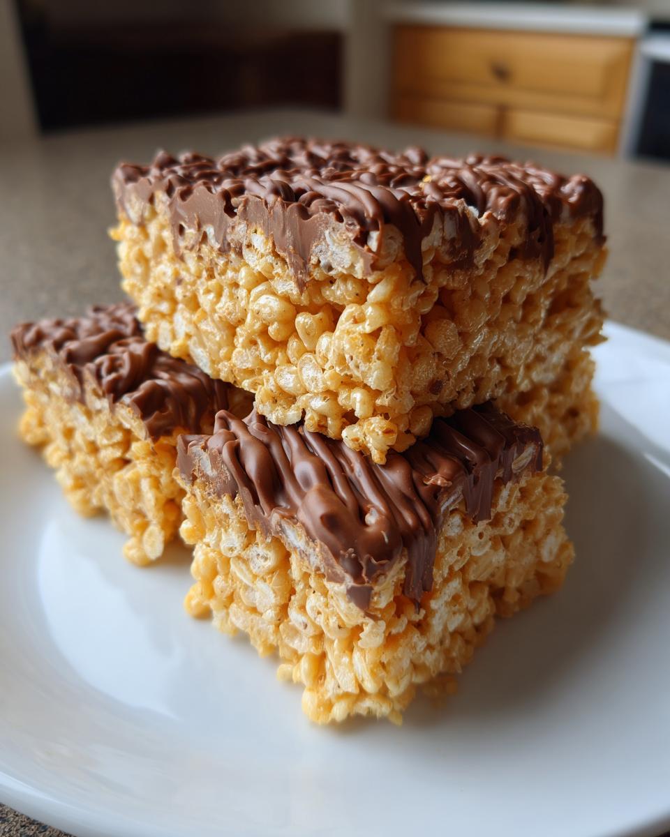 Close-up of peanut butter rice krispie bars topped with chocolate drizzle on a white plate.