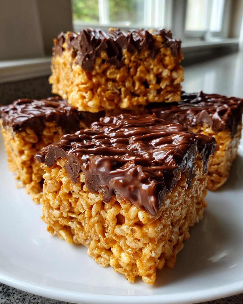 Close-up of peanut butter rice krispie bars topped with melted chocolate on a white plate.