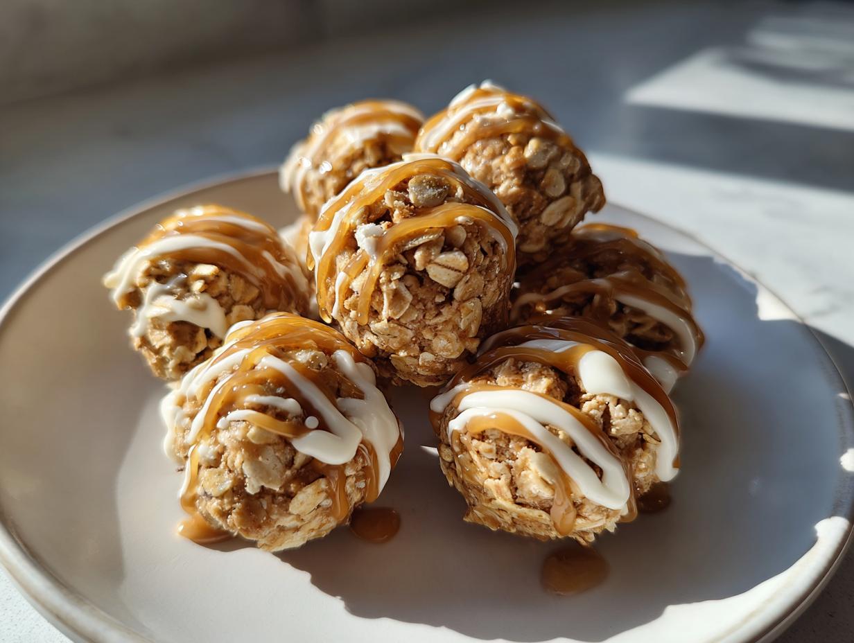 Close-up of peanut butter yogurt snack bites drizzled with caramel and white icing on a beige plate.