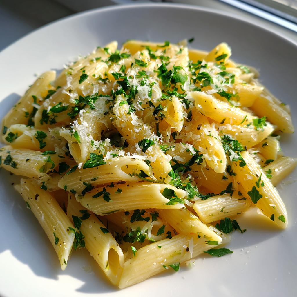 Plate of penne pasta garnished with chopped herbs and grated Parmesan cheese