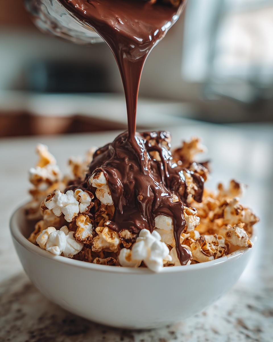 Chocolate marshmallow popcorn with melted chocolate being poured over popcorn in a white bowl
