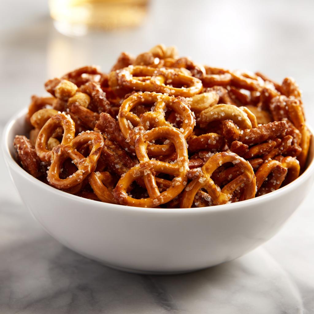 Bowl of salty pretzels and nuts sprinkled with coarse salt for easy snack recipes