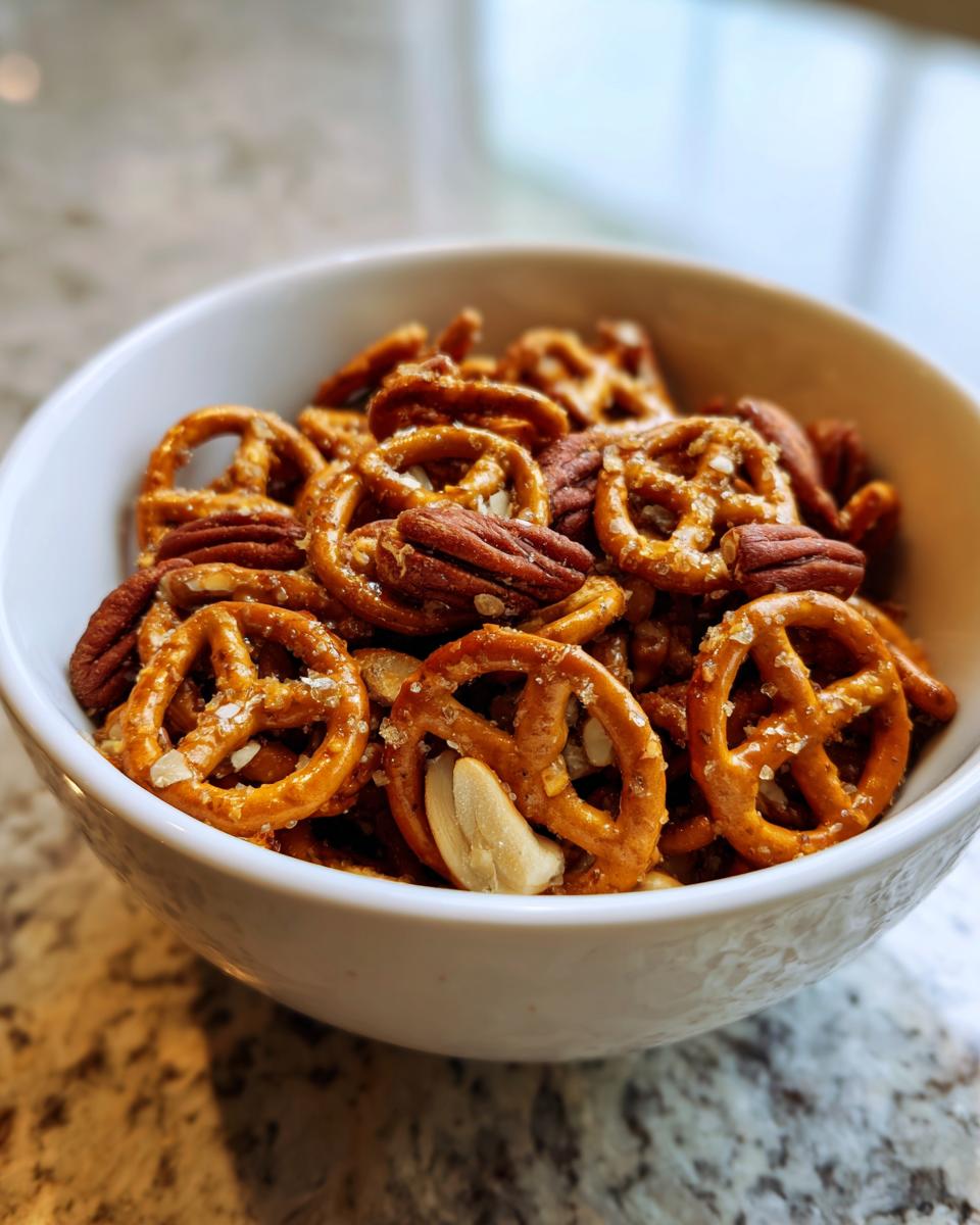 White bowl filled with pretzels and mixed nuts as an easy snack recipes option.