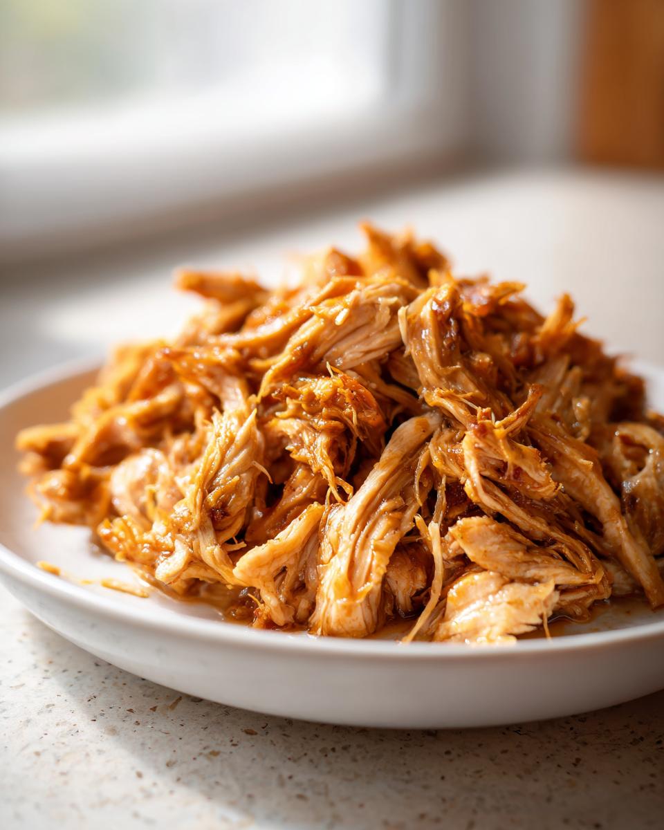 Plate of tender pulled chicken cooked with sauce, perfect for easy slow cooker recipes.