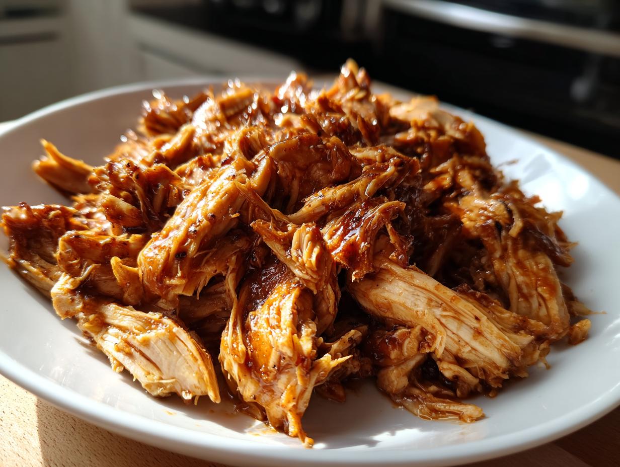 Close-up of tender pulled chicken coated in sauce on a white plate, perfect for easy slow cooker recipes.