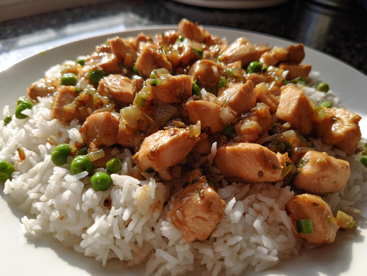 Plate of cooked chicken pieces with peas served on white rice for basic cooking recipes