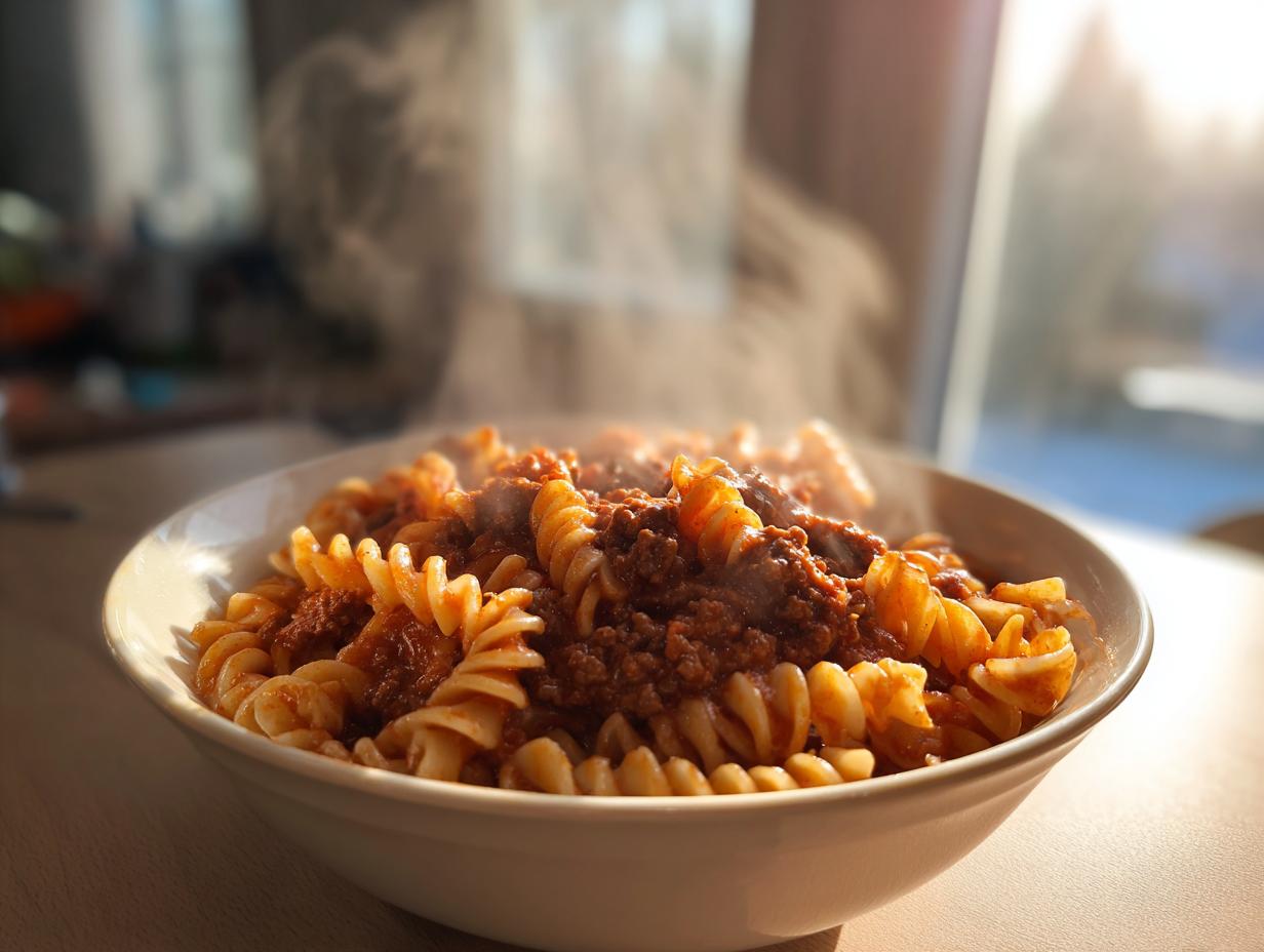 Steaming bowl of rotini pasta with meat sauce, representing quick family dinners.