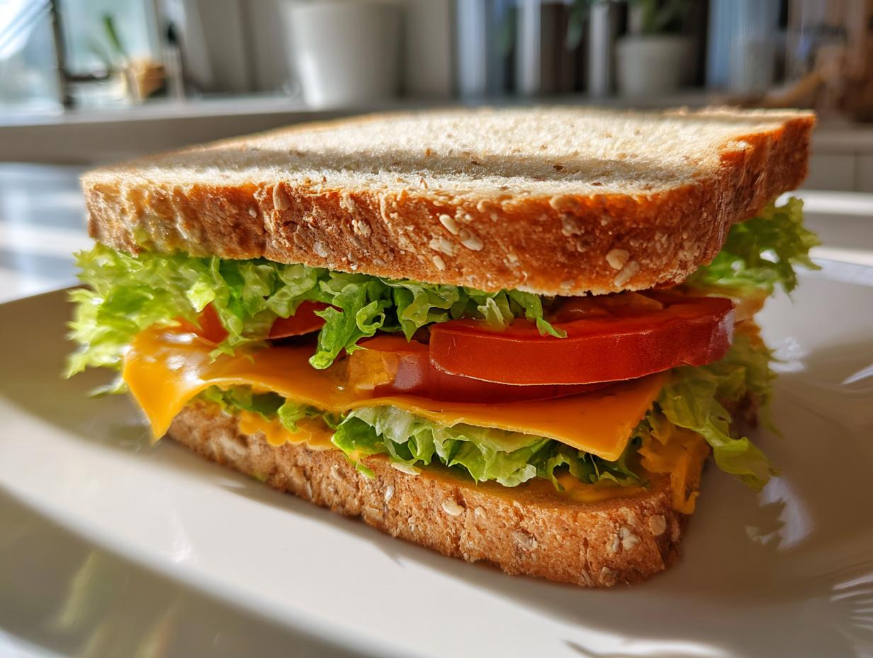 Close-up of a fresh sandwich with lettuce, tomato, and cheddar cheese on whole grain bread for quick lunch ideas