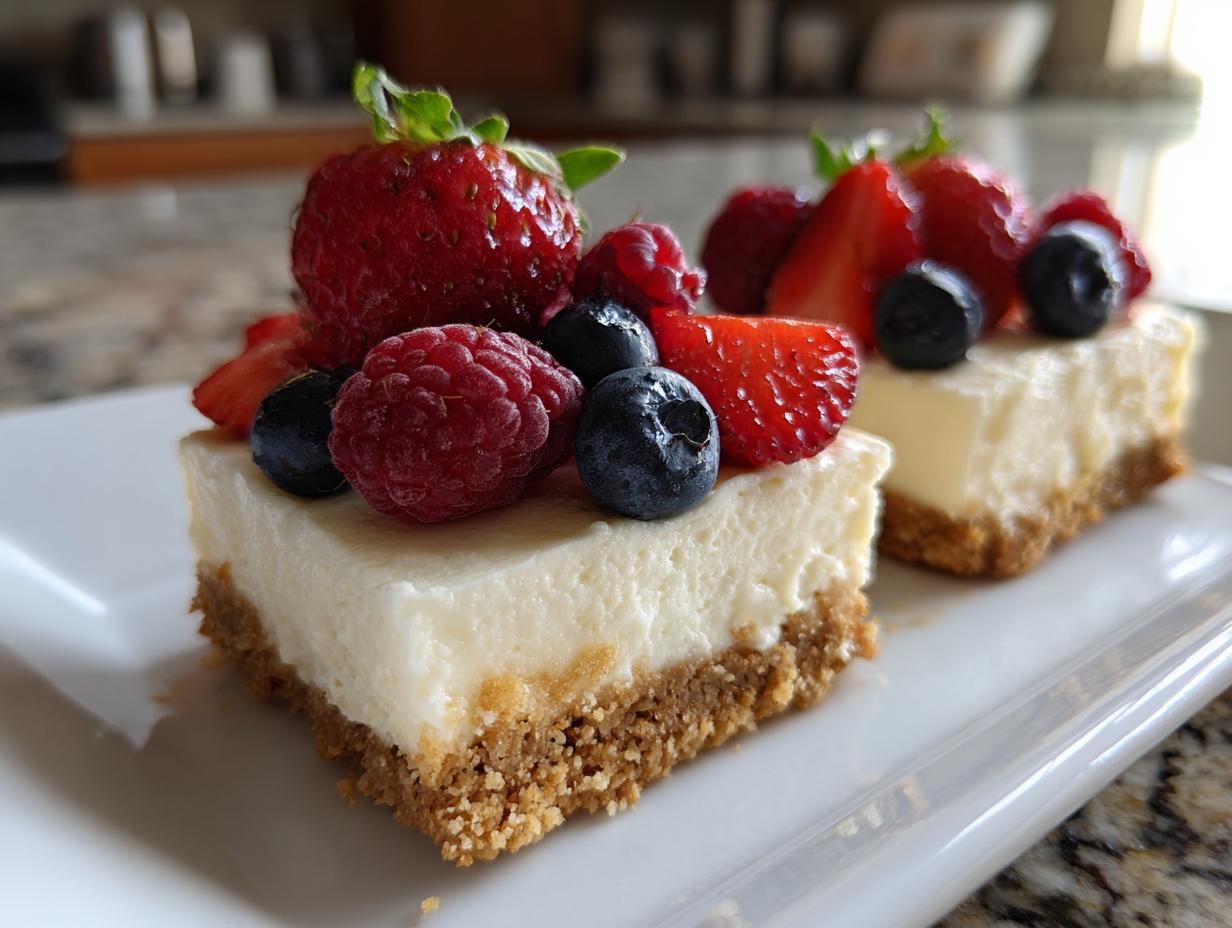 Two squares of no bake cheesecake topped with strawberries, raspberries, and blueberries.