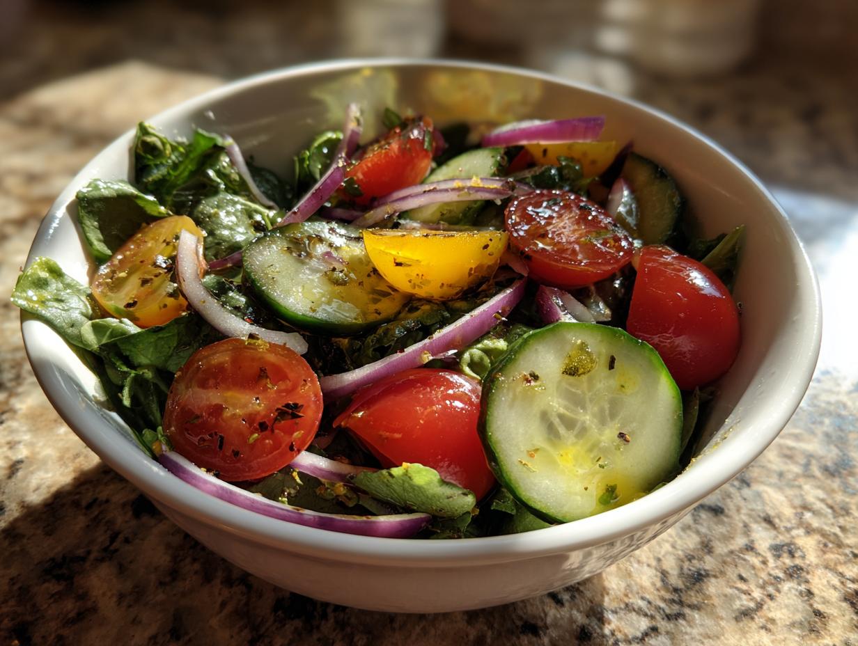 Bowl of quick salad side dishes with cherry tomatoes, cucumber slices, red onion, and greens.