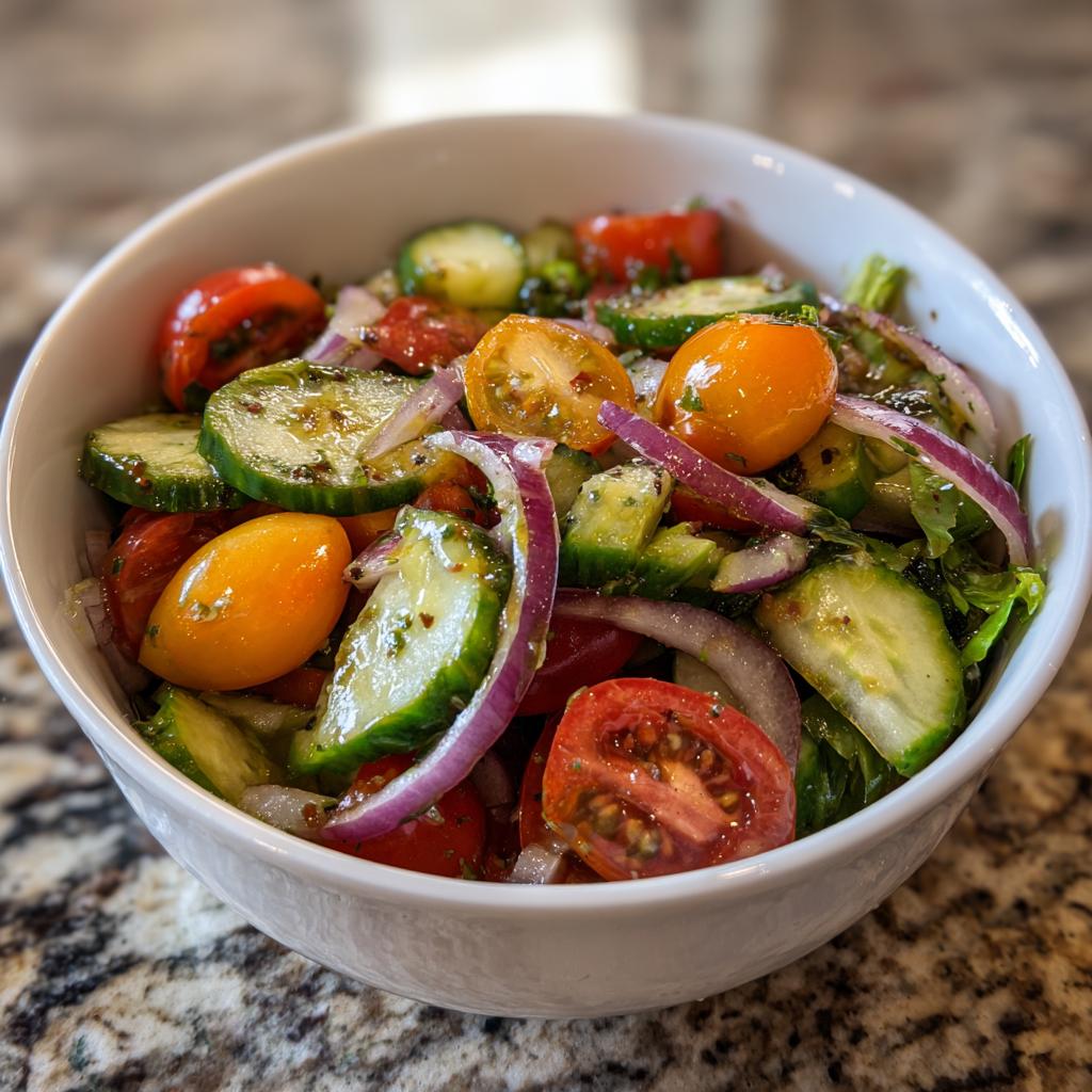 Bowl of quick salad side dishes with cherry tomatoes, cucumber slices, and red onion.