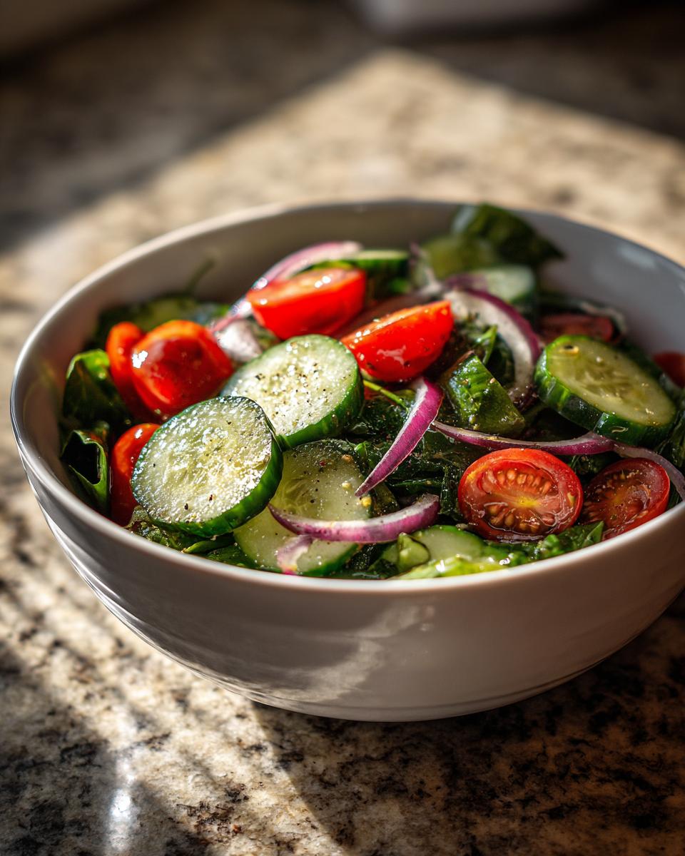 Bowl of quick salad side dishes with cucumber slices, cherry tomatoes, red onion, and greens.