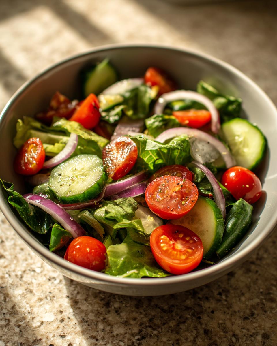 Bowl of quick salad side dishes with cherry tomatoes, cucumber slices, red onion, and leafy greens.