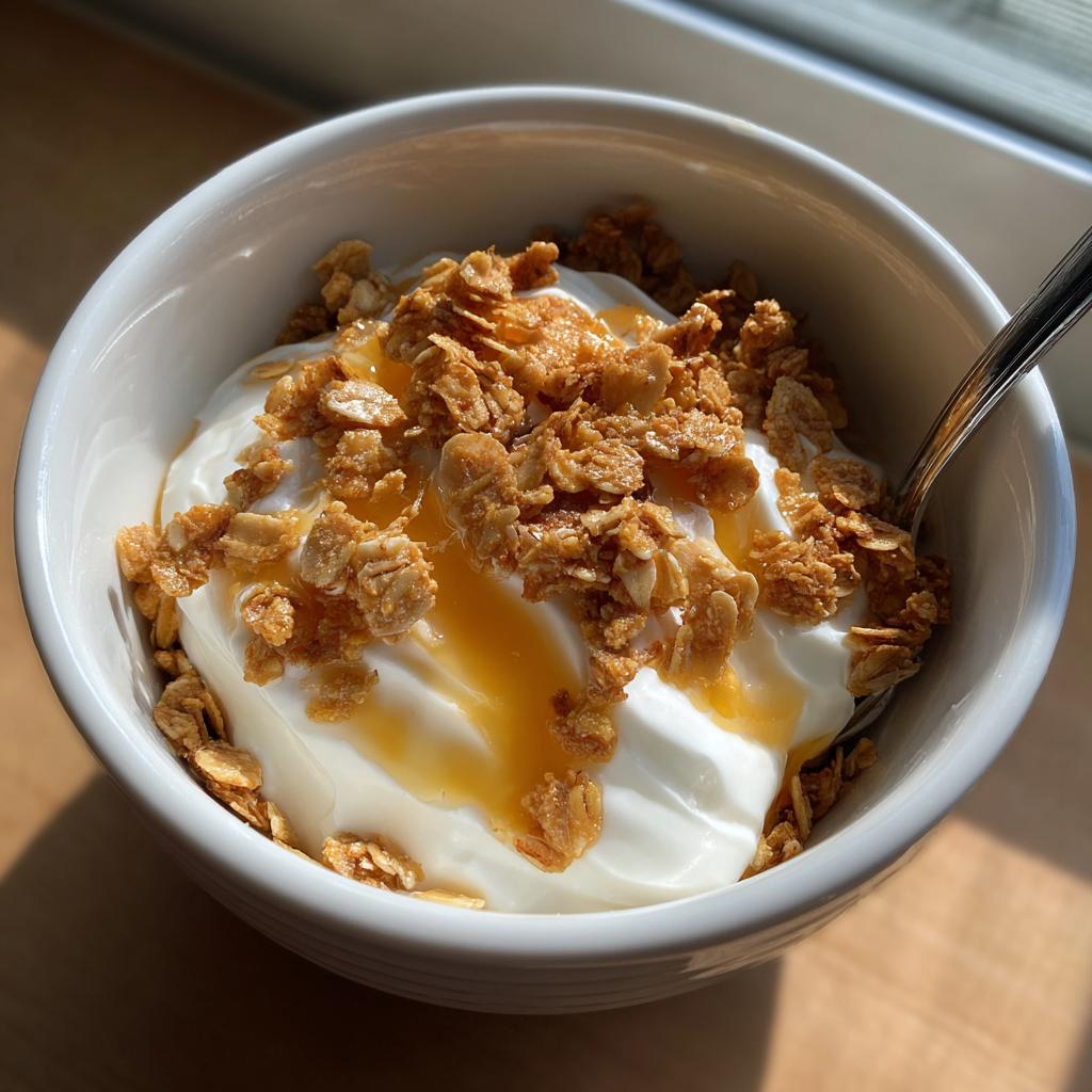Bowl of yogurt topped with granola and honey, a quick snack recipe