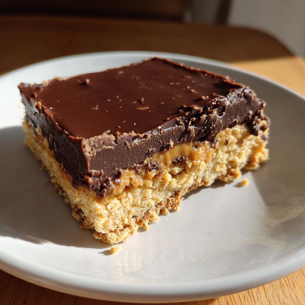 Close-up of a quick sweet treats chocolate caramel bar with a crumbly base on a white plate.