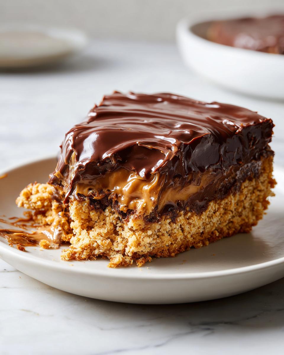 Close-up of a quick sweet treats slice with chocolate ganache and peanut butter filling on a plate.