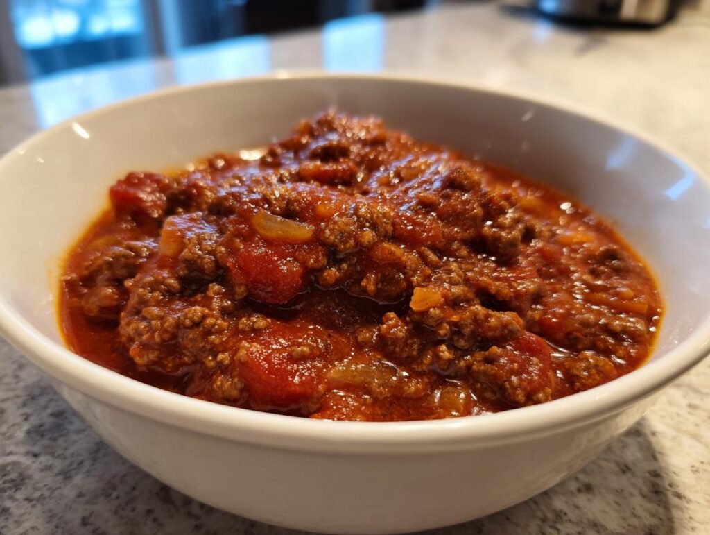White bowl filled with a hearty chili featuring ground beef and tomatoes, perfect quick weeknight meals