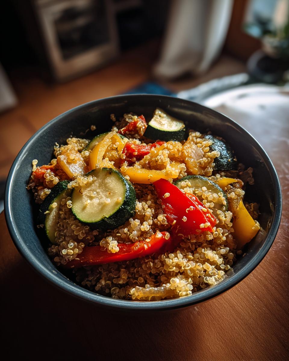 Bowl of quinoa mixed with roasted zucchini, red and yellow bell peppers, and onions for easy vegetarian recipes