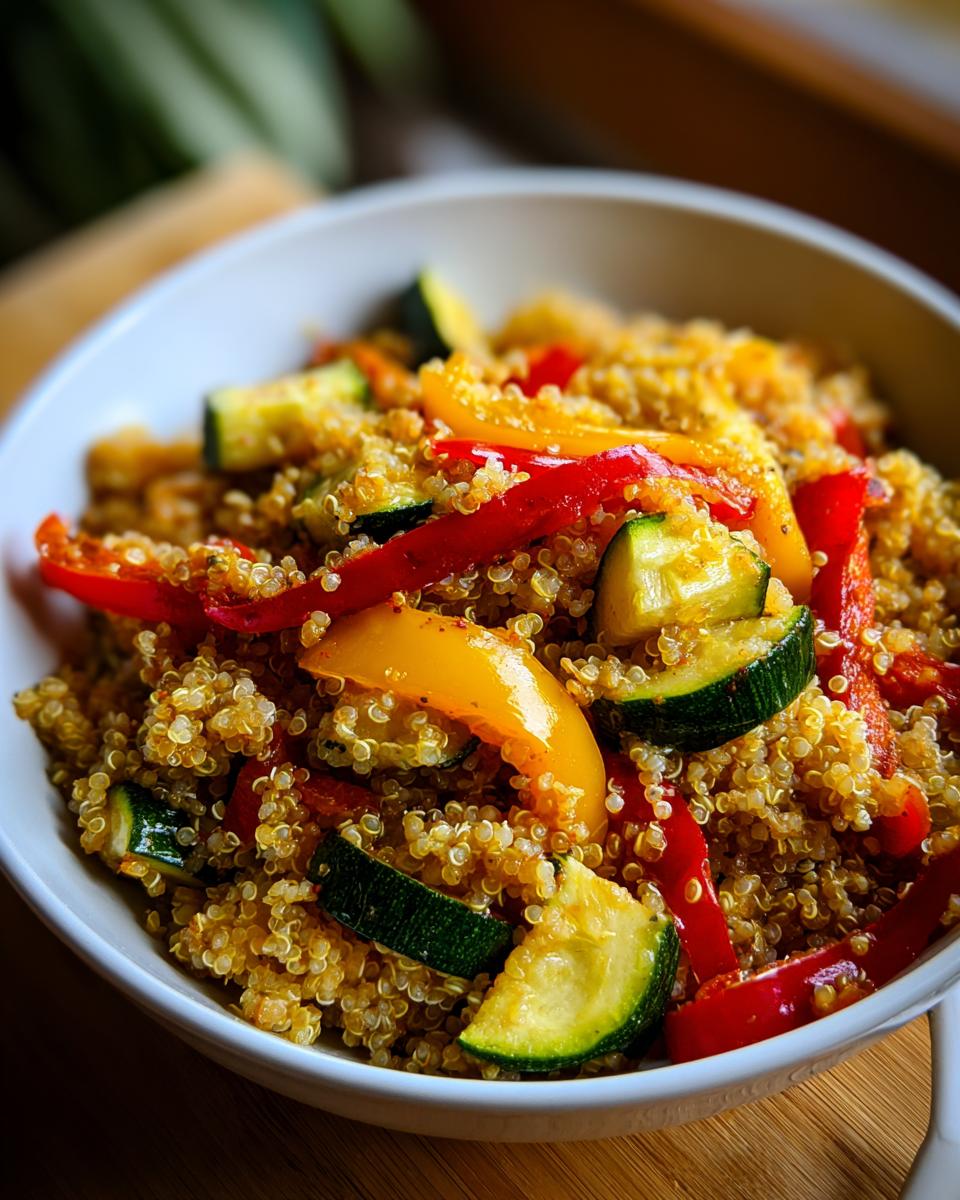 Bowl of quinoa mixed with red and yellow bell peppers and zucchini for easy vegetarian recipes