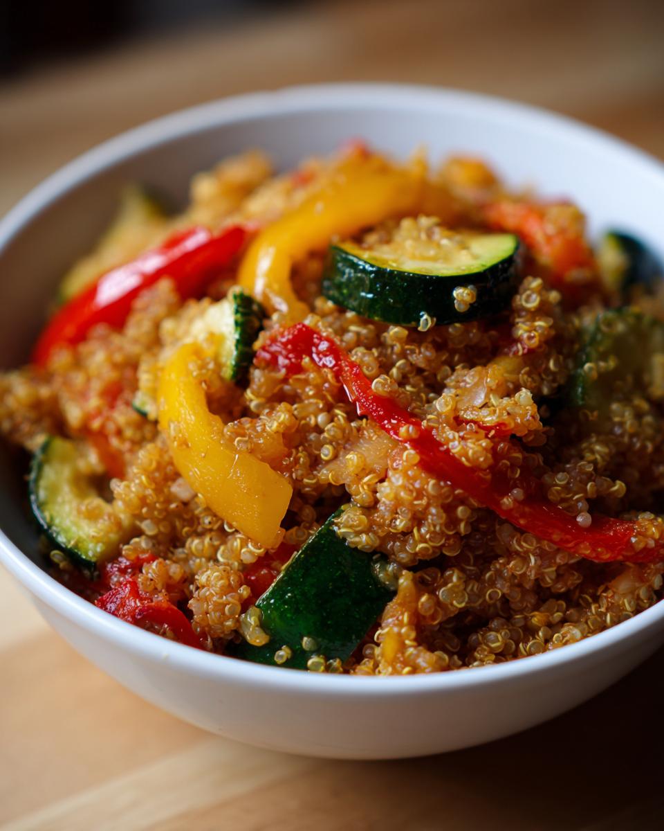 Bowl of quinoa mixed with red and yellow bell peppers and zucchini, showcasing easy vegetarian recipes.