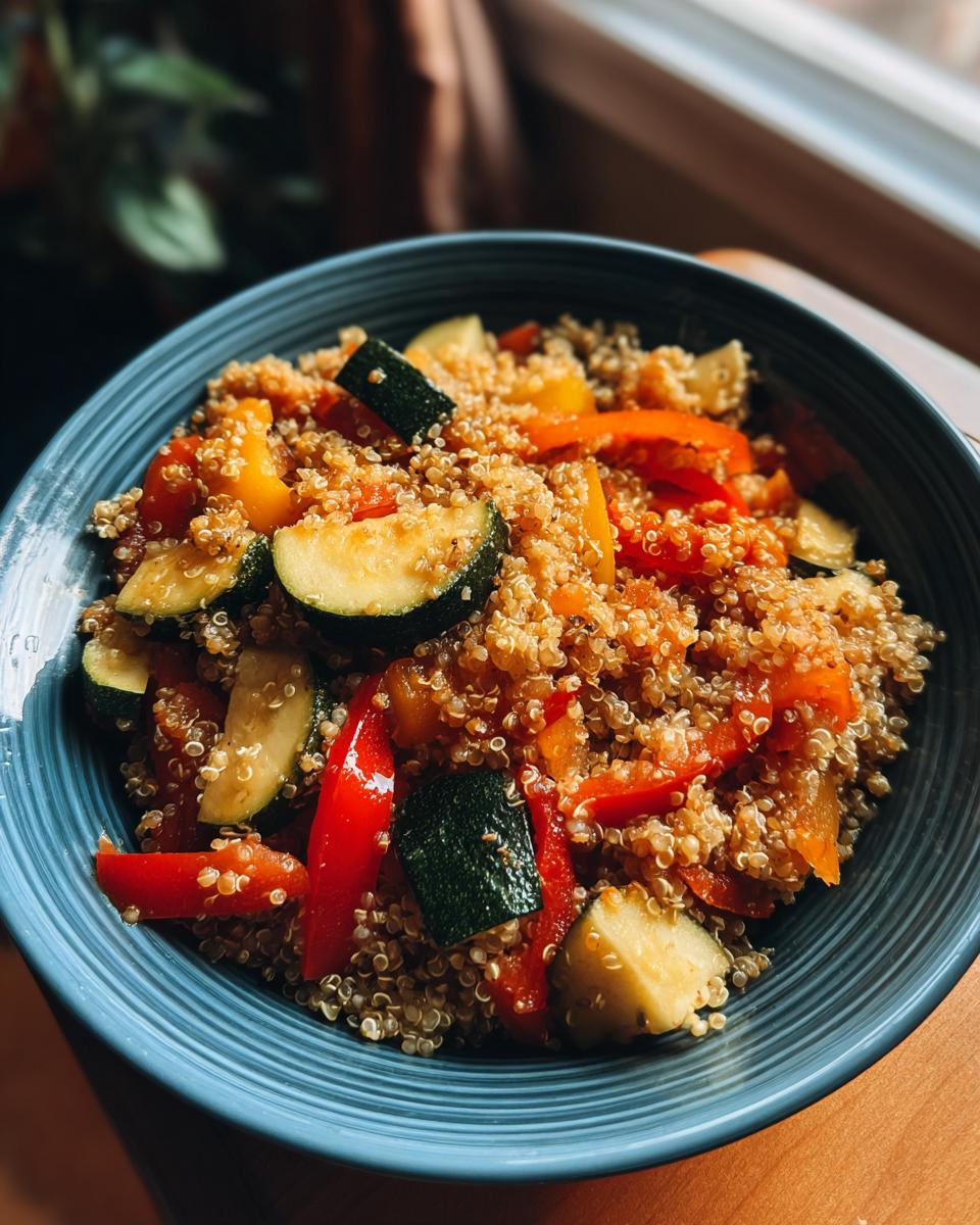 Bowl of quinoa salad with zucchini, red and yellow bell peppers, an easy vegetarian recipes dish