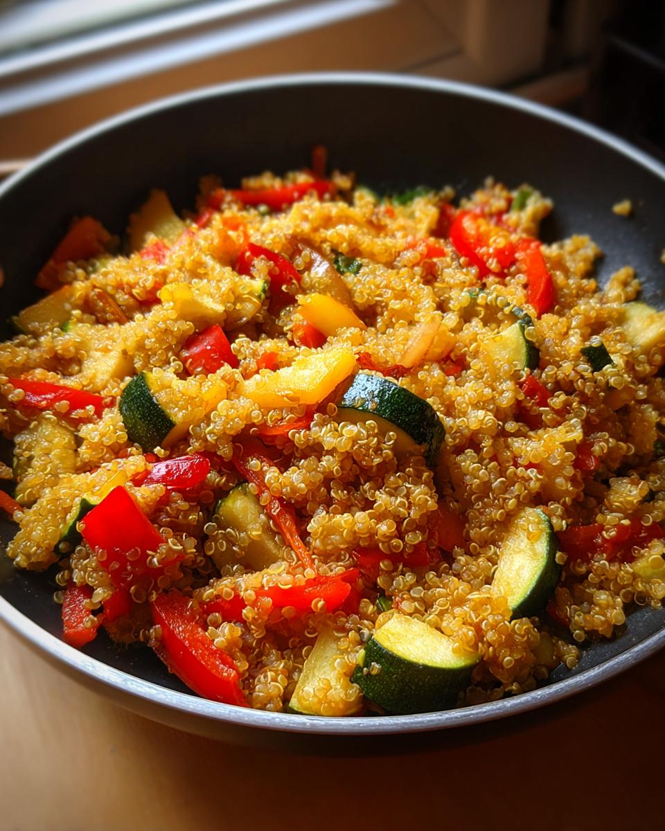 Pan filled with quinoa stir-fried with red and yellow bell peppers and zucchini for easy vegetarian recipes