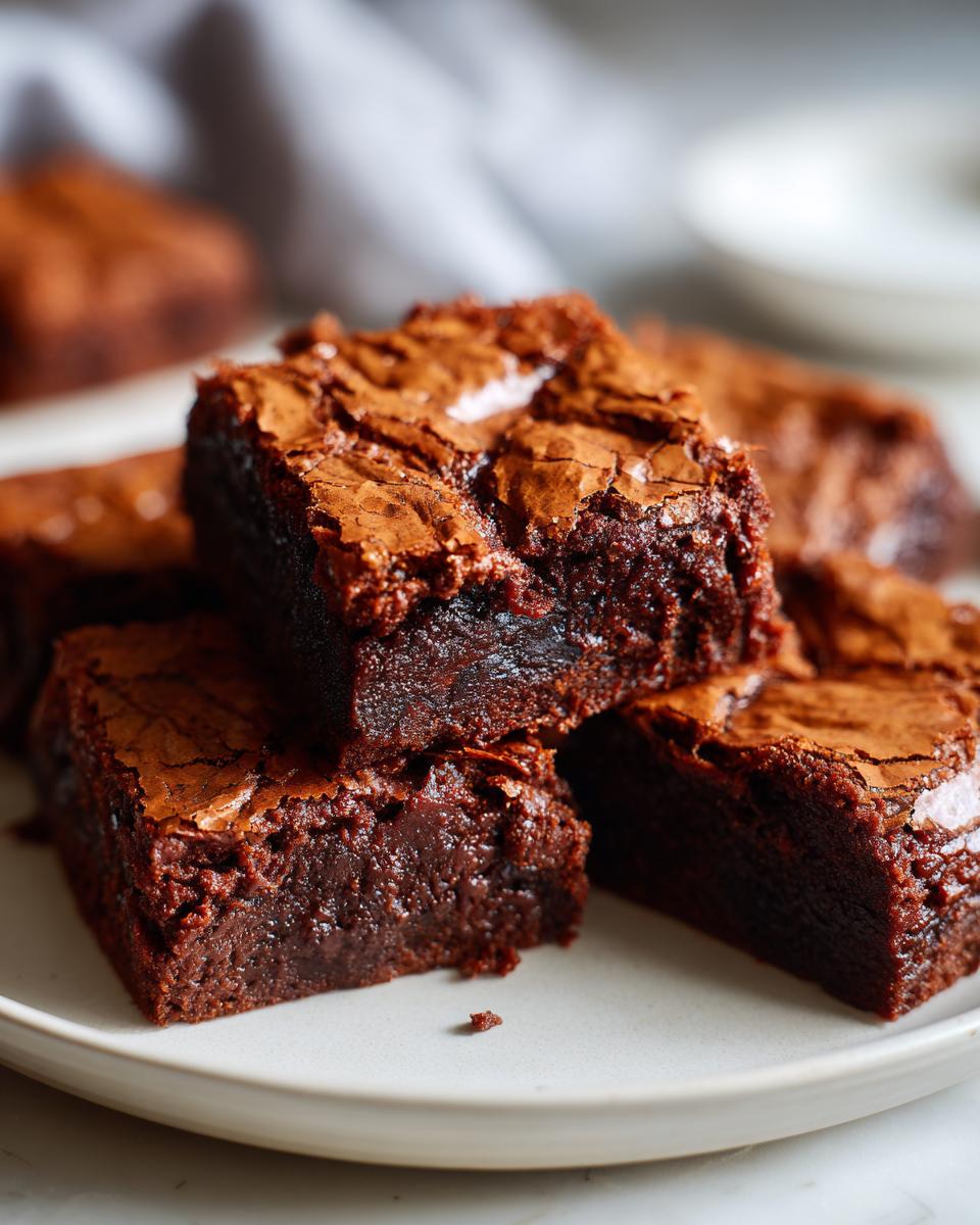 Close-up of rich, fudgy brownies with a cracked top on a white plate, homemade brownie recipes
