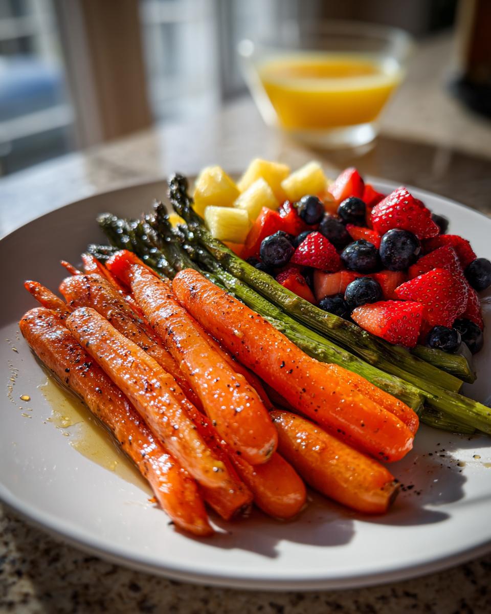 Plate of roasted carrots and asparagus with fresh strawberries, blueberries, and pineapple for Easter brunch side dishes