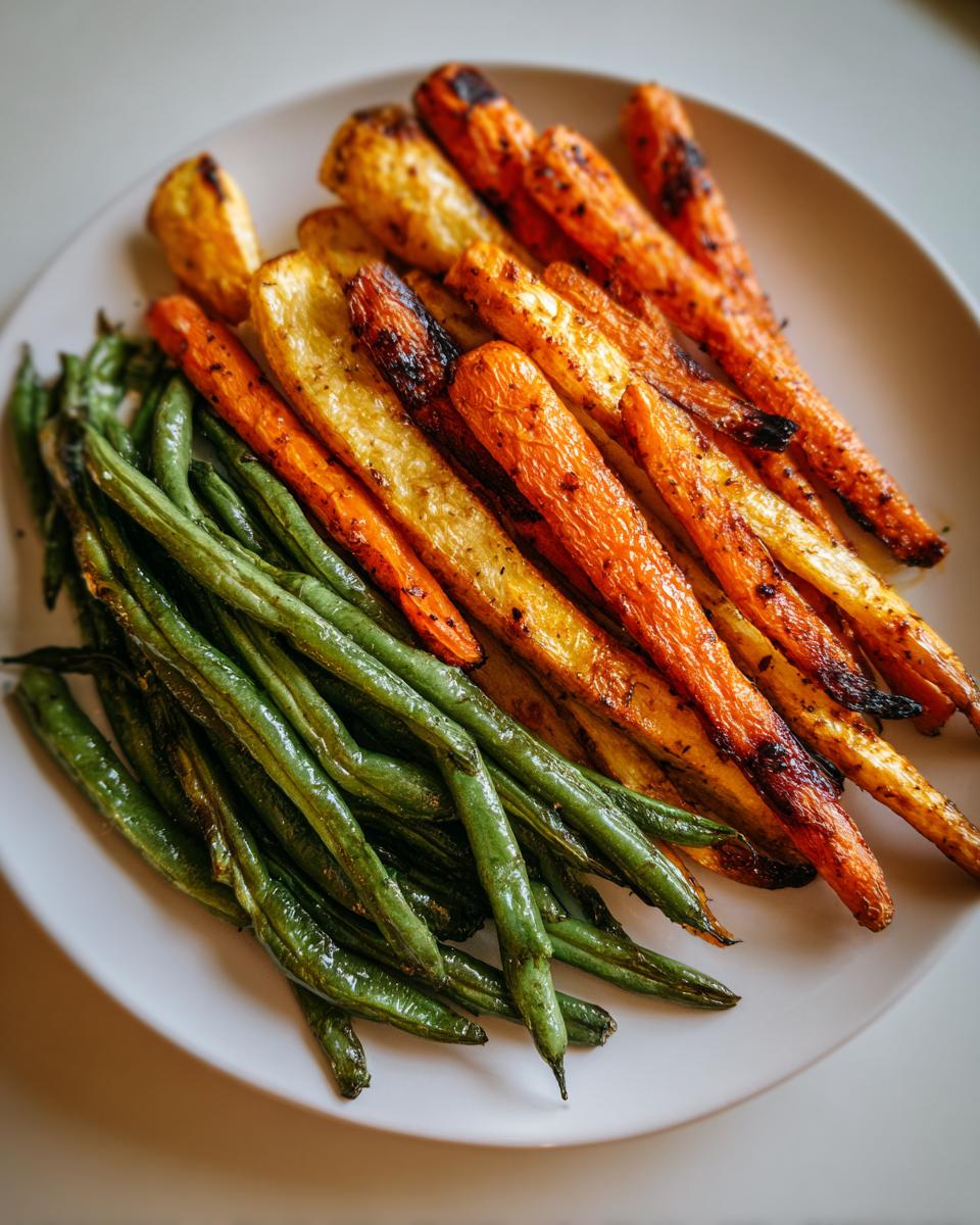 Plate of roasted carrots and green beans, a perfect Easter side dishes option.
