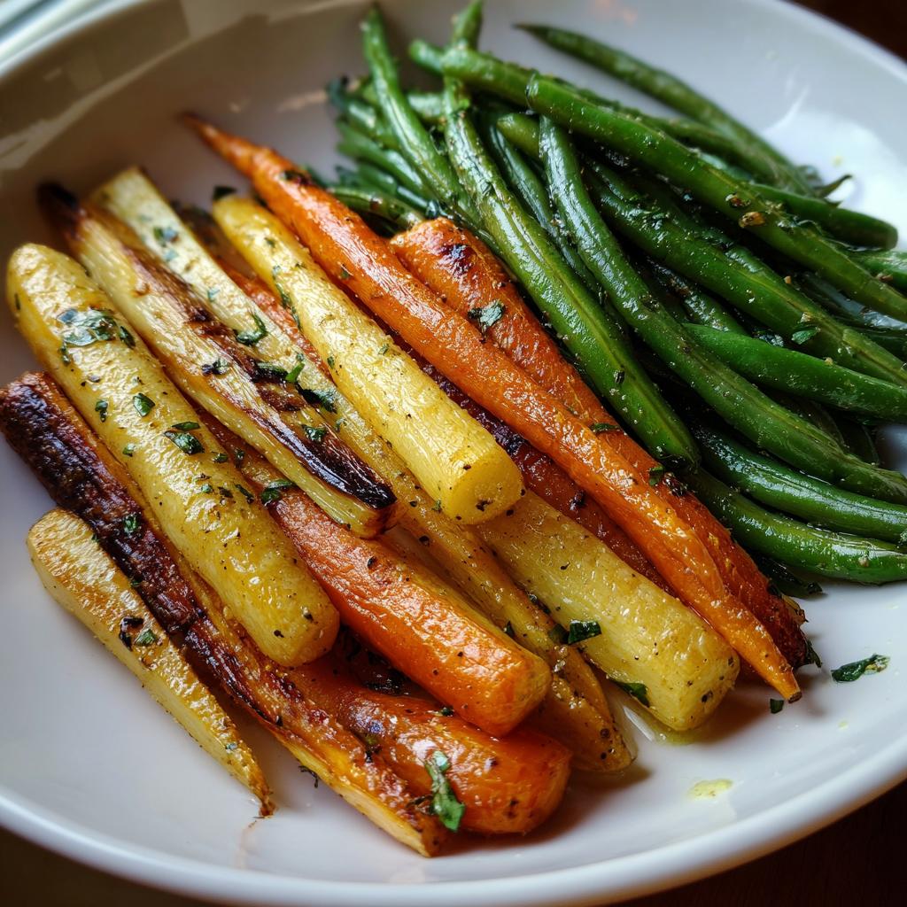 Plate of roasted carrots and green beans seasoned with herbs, perfect Easter side dishes