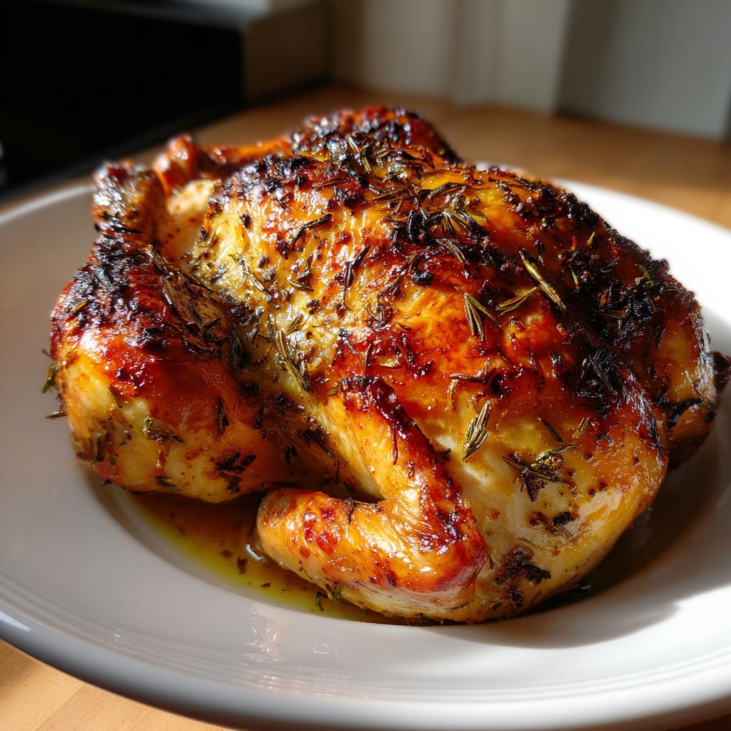 Golden roasted whole chicken with crispy skin and herbs on a white plate