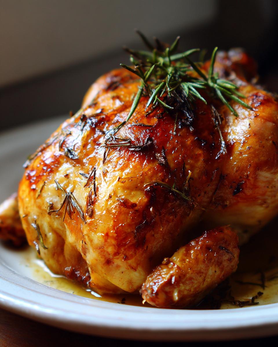 Close-up of roasted chicken with crispy skin garnished with fresh rosemary on a white plate