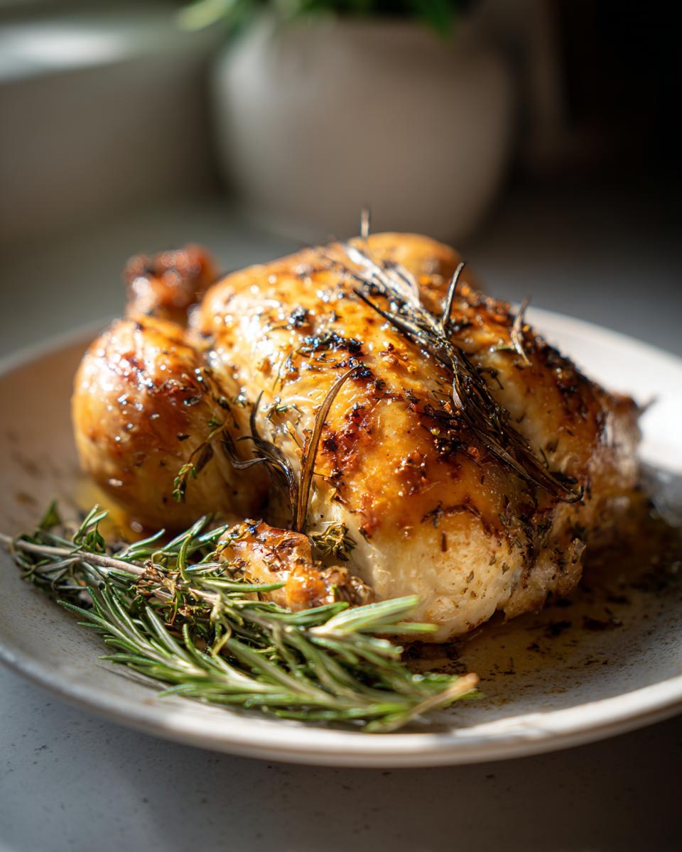 Golden roasted chicken with crispy skin garnished with fresh rosemary on a plate