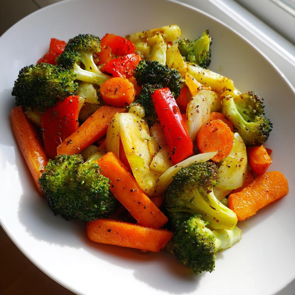 Roasted broccoli, carrots, red peppers, and onions seasoned and served in a white bowl